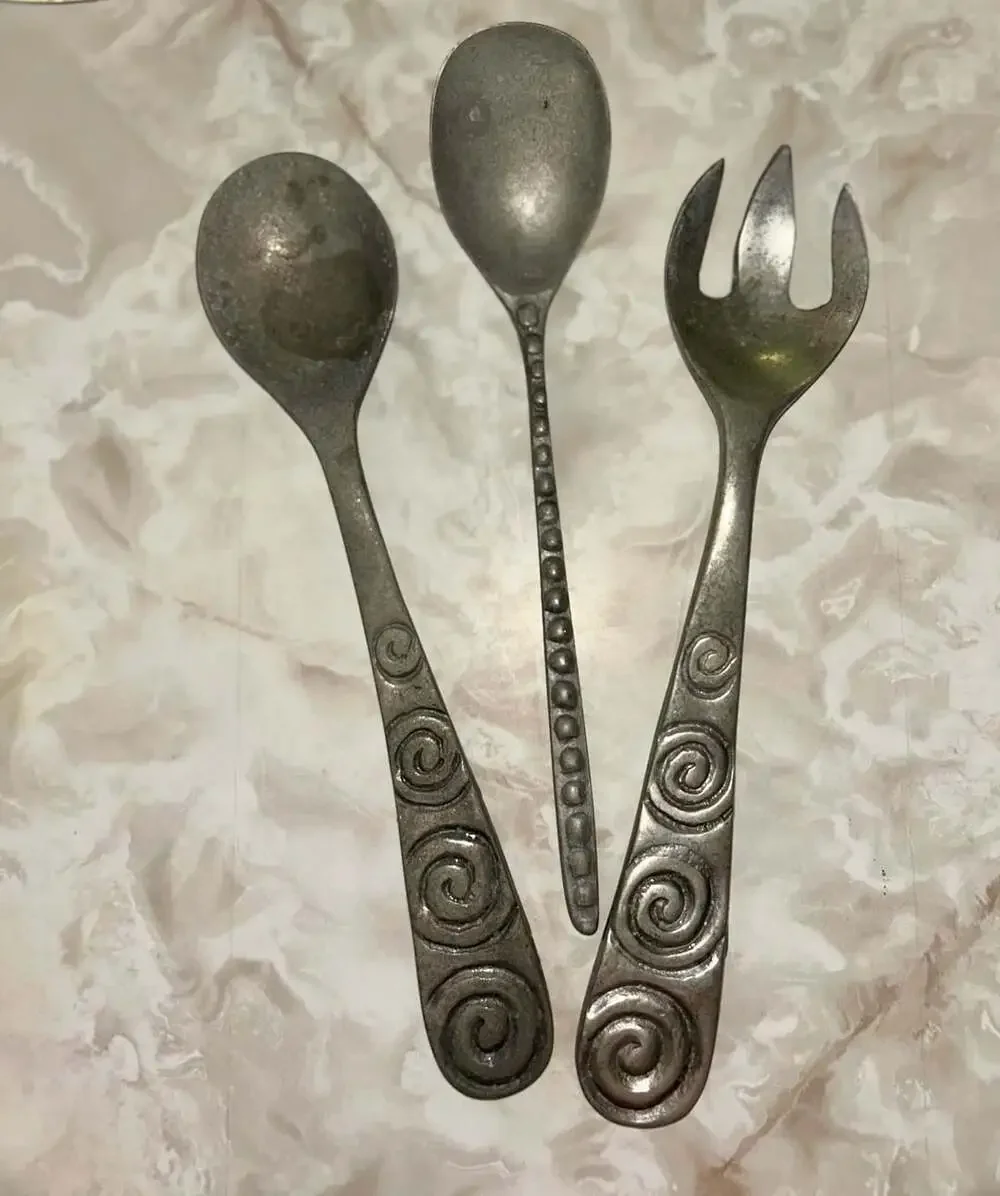 Vintage Cast Aluminum Salad Serving Set with Spiral Design and Beaded Spoon